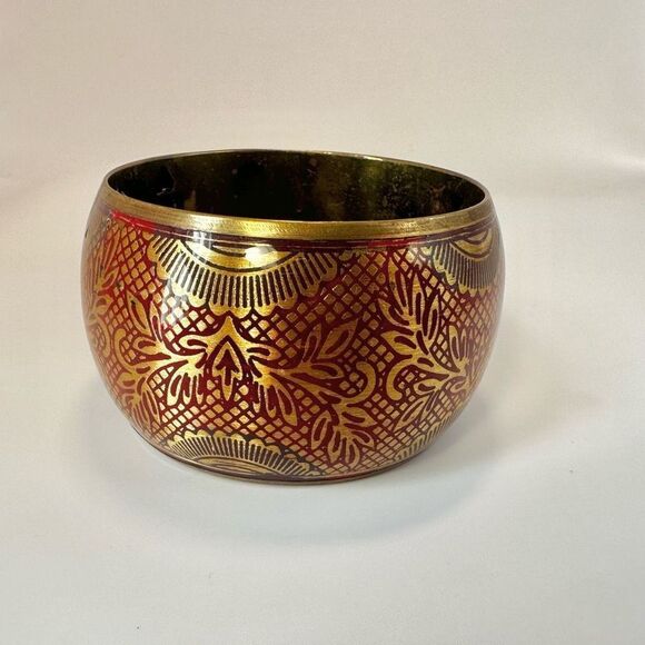 Red and gold tone wide brass  bangle bracelet - Picture 2 of 11